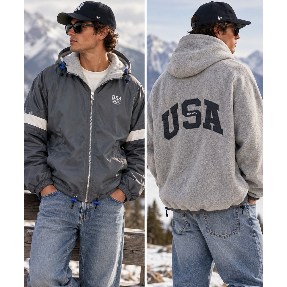 USA Olympic Reversible Full Zip Hooded Jacket Gray Fleece Nylon Mens XL